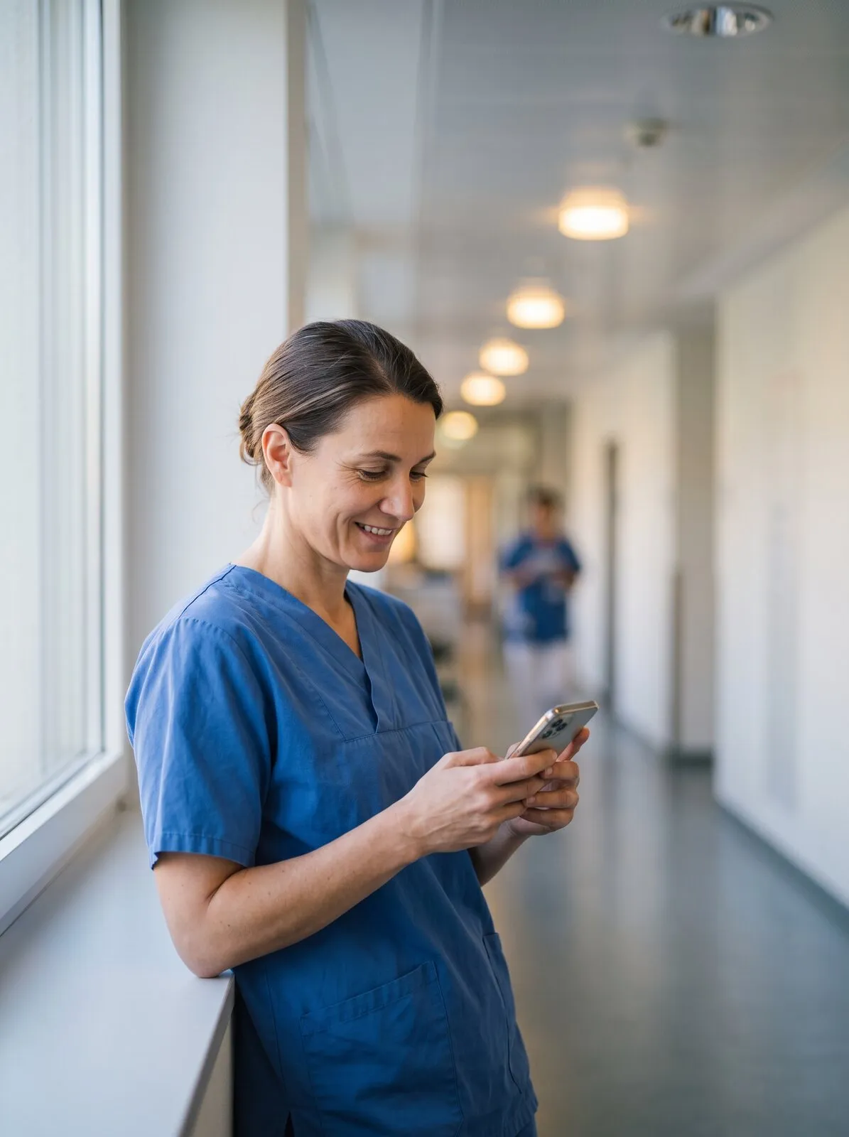 Une soignante en tenue consulte son téléphone dans un couloir d’hôpital.